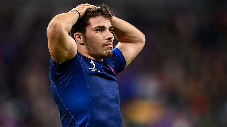 15 October 2023; Antoine Dupont of France reacts after his side's defeat in the 2023 Rugby World Cup quarter-final match between France and South Africa at the Stade de France in Paris, France. Photo by Harry Murphy/Sportsfile