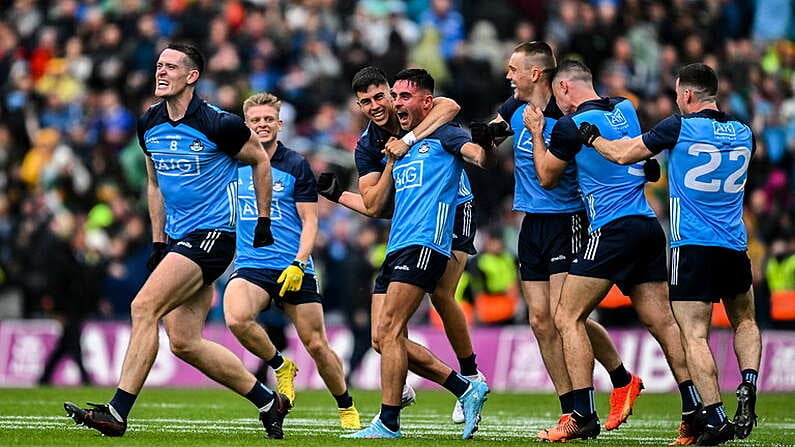 30 July 2023; Dublin players, from left, Brian Fenton, Cian Murphy. Lorcan O'Dell, Niall Scully, Con O'Callaghan, Brian Howard and Ross McGarry celebrate victory at the final whistle of the GAA Football All-Ireland Senior Championship final match between Dublin and Kerry at Croke Park in Dublin. Photo by Brendan Moran/Sportsfile