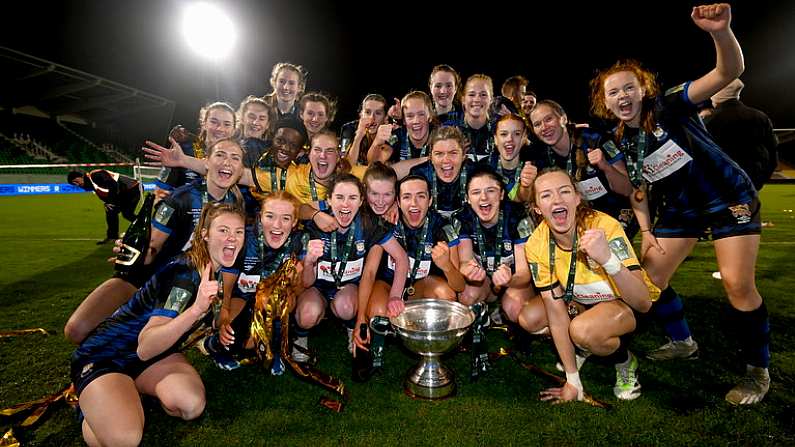 19 November 2023; Athlone Town players celebrate with the FAI Cup following the Sports Direct FAI Women's Cup Final match between Athlone Town and Shelbourne at Tallaght Stadium in Dublin. Photo by Stephen McCarthy/Sportsfile