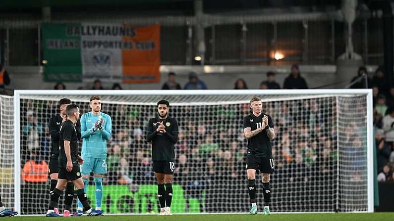 21 November 2023; James McClean of Republic of Ireland, right, applauds supporters as he makes his way off the pitch during the international friendly match between Republic of Ireland and New Zealand at Aviva Stadium in Dublin. Photo by Stephen McCarthy/Sportsfile