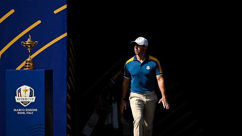 1 October 2023; Rory McIlroy of Europe arrives on the first tee box during the singles matches on the final day of the 2023 Ryder Cup at Marco Simone Golf and Country Club in Rome, Italy. Photo by Brendan Moran/Sportsfile