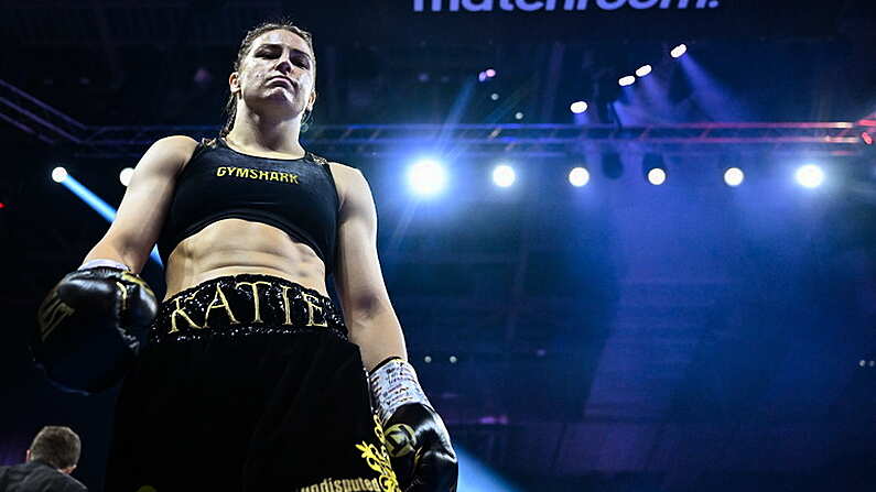 25 November 2023; Katie Taylor before her undisputed super lightweight championship fight with Chantelle Cameron at the 3Arena in Dublin. Photo by Stephen McCarthy/Sportsfile