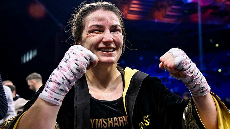 25 November 2023; Katie Taylor celebrates defeating Chantelle Cameron in their undisputed super lightweight championship fight at the 3Arena in Dublin. Photo by Stephen McCarthy/Sportsfile