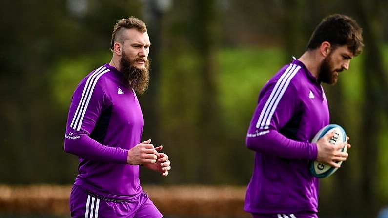 28 February 2023; RG Snyman, left, and Jean Kleyn during a Munster rugby squad training session at the University of Limerick in Limerick. Photo by David Fitzgerald/Sportsfile