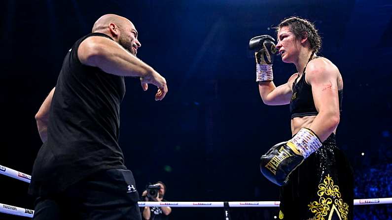 25 November 2023; Katie Taylor, and trainer Ross Enamait, after her undisputed super lightweight championship fight with Chantelle Cameron at the 3Arena in Dublin. Photo by Stephen McCarthy/Sportsfile