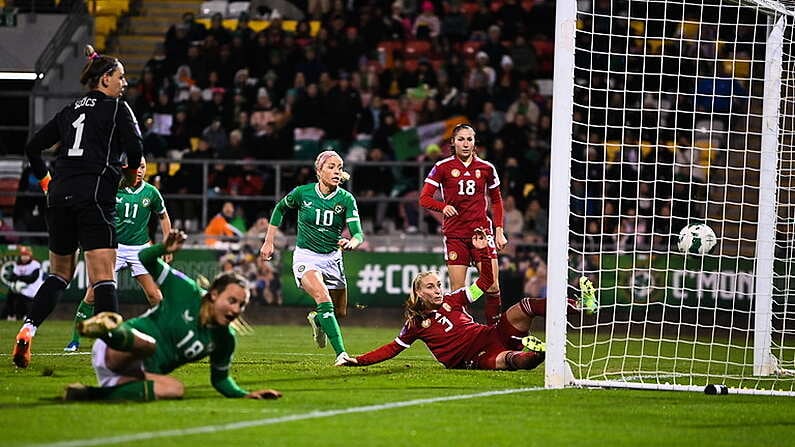 1 December 2023; Henrietta Csiszar of Hungary, 3, scores an own goal during the UEFA Women's Nations League B match between Republic of Ireland and Hungary at Tallaght Stadium in Dublin. Photo by Seb Daly/Sportsfile