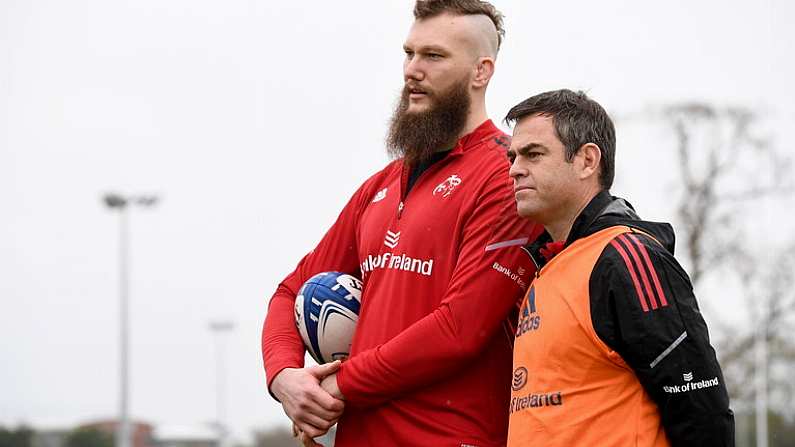 12 April 2022; Munster head coach Johann van Graan, right, with RG Snyman during Munster rugby squad training at University of Limerick in Limerick. Photo by Matt Browne/Sportsfile