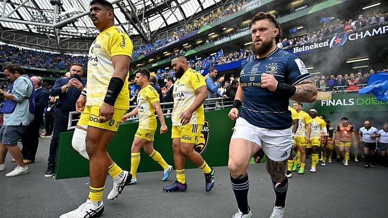 20 May 2023; Will Skelton of La Rochelle, left, and Andrew Porter of Leinster run onto the pitch before the Heineken Champions Cup Final match between Leinster and La Rochelle at Aviva Stadium in Dublin. Photo by Brendan Moran/Sportsfile