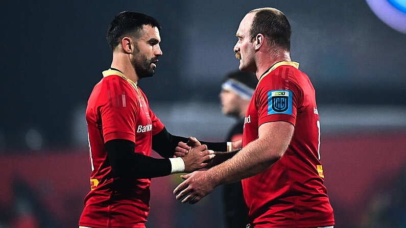 1 December 2023; Oli Jager of Munster with teammate Conor Murray after the United Rugby Championship match between Munster and Glasgow Warriors at Musgrave Park in Cork. Photo by Eoin Noonan/Sportsfile