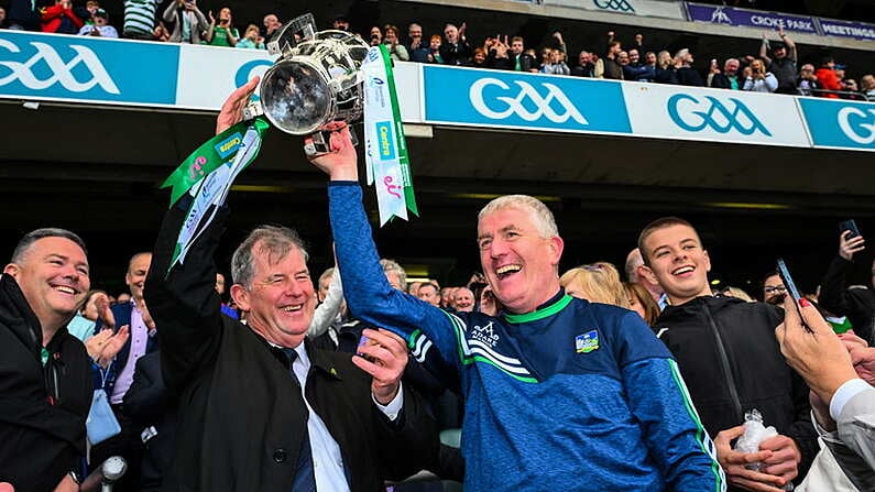 23 July 2023; Limerick manager John Kiely celebrates with businessman JP McManus and the Lian MacCarthy Cup after the GAA Hurling All-Ireland Senior Championship final match between Kilkenny and Limerick at Croke Park in Dublin. Photo by Ray McManus/Sportsfile