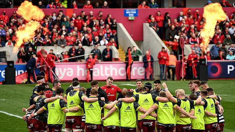 16 April 2022; Munster players huddle before the Heineken Champions Cup Round of 16 Second Leg match between Munster and Exeter Chiefs at Thomond Park in Limerick. Photo by Harry Murphy/Sportsfile