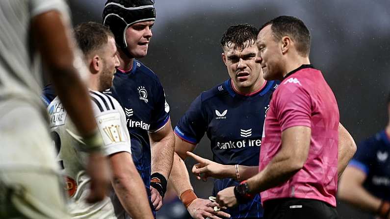 10 December 2023; Leinster co-captains James Ryan, left, and Garry Ringrose in conversation with referee Matthew Carley during the Investec Champions Cup match between La Rochelle and Leinster at Stade Marcel Deflandre in La Rochelle, France. Photo by Harry Murphy/Sportsfile