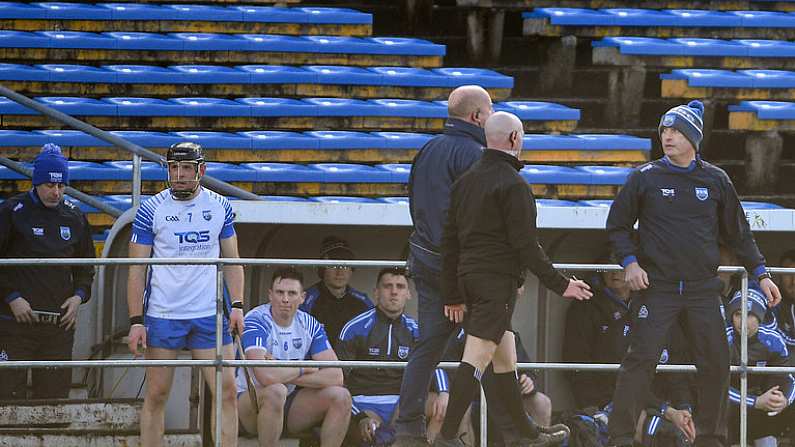 1 March 2020; Waterford manager Liam Cahill appeals to an official after red cards for Waterford players Kevin Moran, 7, and Austin Gleeson, 6,  during the Allianz Hurling League Division 1 Group A Round 5 match between Tipperary and Waterford at Semple Stadium in Thurles, Tipperary. Photo by Ramsey Cardy/Sportsfile