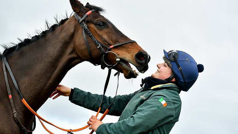 9 March 2020; Ailish Byrne with Sharjah on the gallops ahead of the Cheltenham Racing Festival at Prestbury Park in Cheltenham, England. Photo by David Fitzgerald/Sportsfile