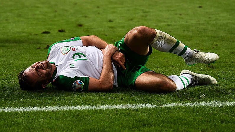 7 June 2019; Alan Judge of Republic of Ireland after picking up an injury during the UEFA EURO2020 Qualifier Group D match between Denmark and Republic of Ireland at Telia Parken in Copenhagen, Denmark. Photo by Stephen McCarthy/Sportsfile