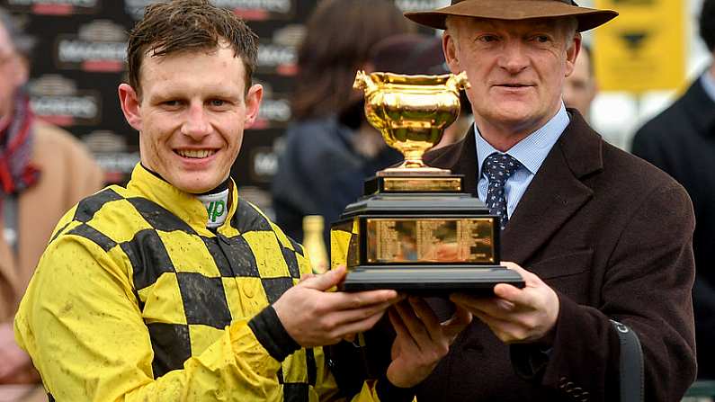 15 March 2019; Jockey Paul Townend, left, and trainer Willie Mullins after sending out Al Boum Photo to win the Magners Cheltenham Gold Cup Chase on Day Four of the Cheltenham Racing Festival at Prestbury Park in Cheltenham, England. Photo by Seb Daly/Sportsfile