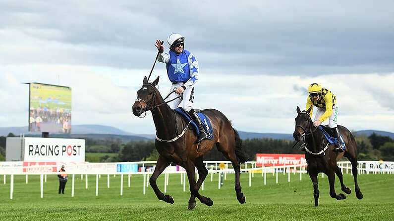 1 May 2019; Kemboy, with Ruby Walsh up, celebrate after crossing the line to win The Coral Punchestown Gold Cup during the Punchestown Festival Gold Cup Day at Punchestown Racecourse in Naas, Kildare. Photo by David Fitzgerald/Sportsfile