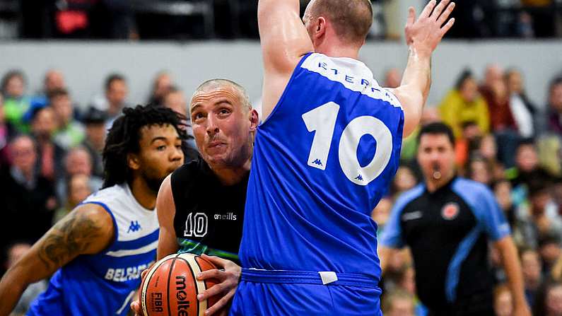 10 November 2018; Kieran Donaghy of Garvey's Tralee Warriors in action against Conor Johnston, 10, and Mike Daid of Belfast Star during the Basketball Ireland Men's Superleague match between Garvey's Tralee Warriors and Belfast Star at Tralee Sports Complex in Tralee, Co Kerry. Photo by Piaras O Midheach/Sportsfile