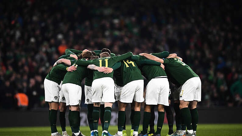 18 November 2019; Republic of Ireland players in a huddle prior to the UEFA EURO2020 Qualifier match between Republic of Ireland and Denmark at the Aviva Stadium in Dublin. Photo by Stephen McCarthy/Sportsfile