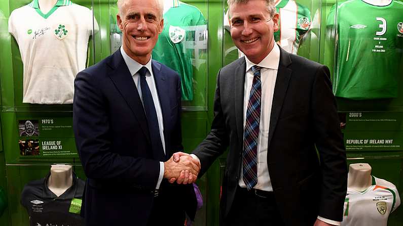 30 November 2018; To celebrate Dublins hosting of the UEFA EURO 2020 Qualifying Draw on 2nd December 2018, Irish Football Legends Ronnie Whelan, Ray Houghton, Kevin Sheedy, Tony Galvin, Liam OBrien, Tony Cascarino and John Anderson teamed up with Dublin City Council and the Football Association of Ireland to launch the National Football Exhibition giving people the chance to experience some of the excitement. Open to the public on Sunday, December 2nd, at the Printworks, Dublin Castle, until the 9th December, the Exhibition celebrates 60 years of UEFA European Championship and Irish football. Six separate zones, packed with memorabilia and interactive features will give attendees an overview of the history of football in Ireland and its impact on communities around the country. Throughout 2019 and 2020, the National Football Exhibition will tour around various locations* nationwide. The National Football Exhibition App is available to download now from the App Store and Google Play Store. The draw for the UEFA EURO 2020 qualifying groups this Sunday, 2nd December, will be attended by delegates from all 55 UEFA member nations and over 350 international media representatives with an estimated TV audience worldwide of 140 million. 4 tournament games will be hosted at Dublins Aviva Stadium during UEFA EURO 2020, the largest sporting event to ever be hosted in the country. Pictured is Republic of Ireland manager Mick McCarthy, left, and Republic of Ireland U21 manager Stephen Kenny at the Printworks, Dublin Castle, Dublin. Photo by Stephen McCarthy/Sportsfile