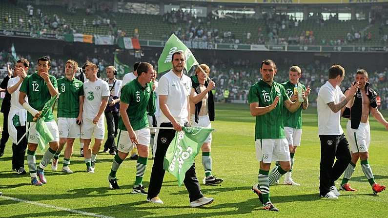 26 May 2012; Republic of Ireland squad members during a lap of honour with Three Come on Ireland flags to thank the fans in advance for their support in the coming weeks. Republic of Ireland v Bosnia & Herzegovina, Aviva Stadium, Lansdowne Road, Dublin. Picture credit: David Maher / SPORTSFILE