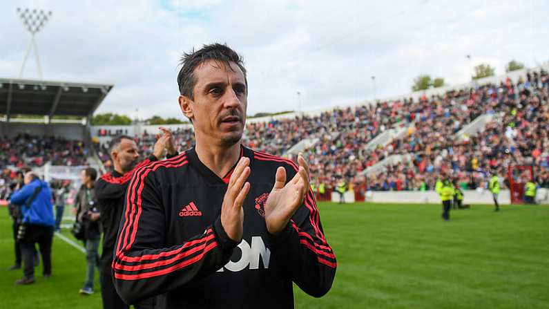 25 September 2018; Gary Neville of Manchester United Legends applauds the support following the Liam Miller Memorial match between Manchester United Legends and Republic of Ireland & Celtic Legends at Pairc Ui Chaoimh in Cork. Photo by David Fitzgerald/Sportsfile