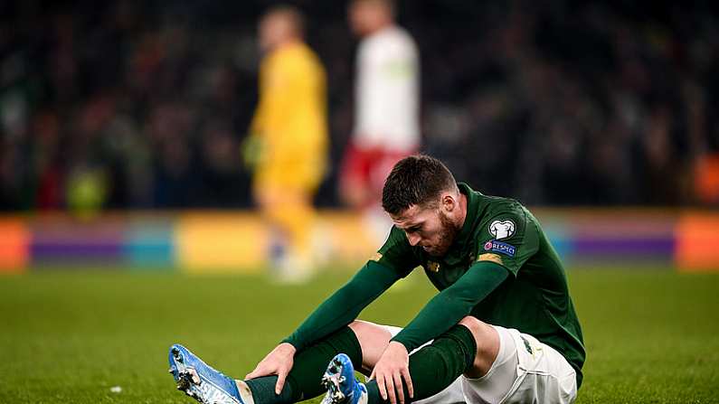 18 November 2019; Matt Doherty of Republic of Ireland dejected during the UEFA EURO2020 Qualifier match between Republic of Ireland and Denmark at the Aviva Stadium in Dublin. Photo by Harry Murphy/Sportsfile