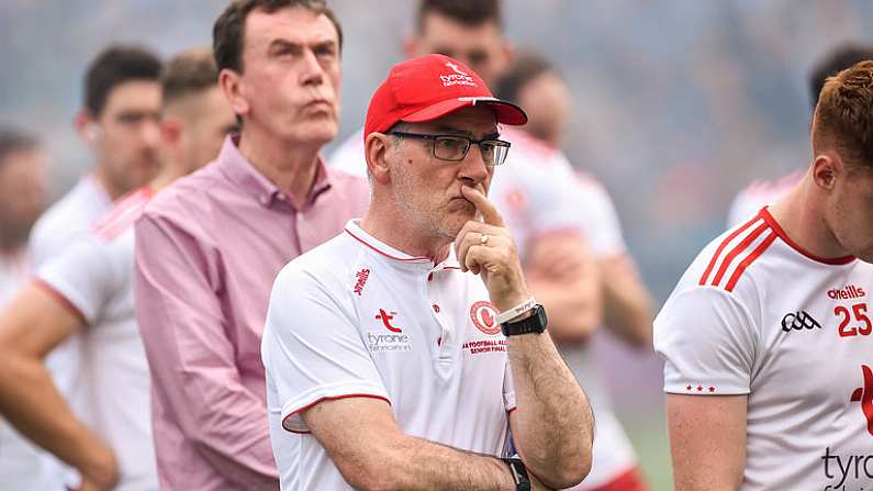 2 September 2018; Tyrone manager Mickey Harte and county secretary Dominic McCaughey, left, dejected after the GAA Football All-Ireland Senior Championship Final match between Dublin and Tyrone at Croke Park in Dublin. Photo by Oliver McVeigh/Sportsfile