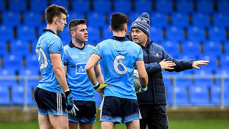 11 January 2020; Dublin manager Dessie Farrell in conversation with Tom Lahiff, 20, Niall McGovern and Graham Hannigan of Dublin  before the O'Byrne Cup Semi-Final match between Longford and Dublin at Glennon Brothers Pearse Park in Longford. Photo by Ray McManus/Sportsfile