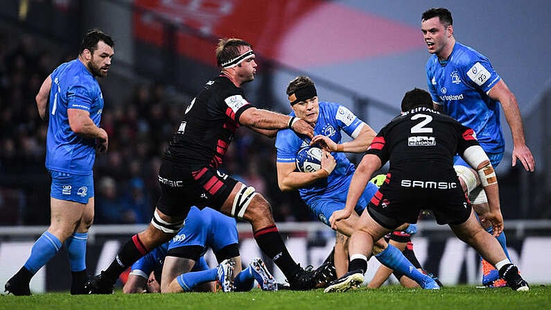 23 November 2019; Garry Ringrose of Leinster is tackled by Hendrik Roodt of Lyon during the Heineken Champions Cup Pool 1 Round 2 match between Lyon and Leinster at Matmut Stadium in Lyon, France. Photo by Ramsey Cardy/Sportsfile