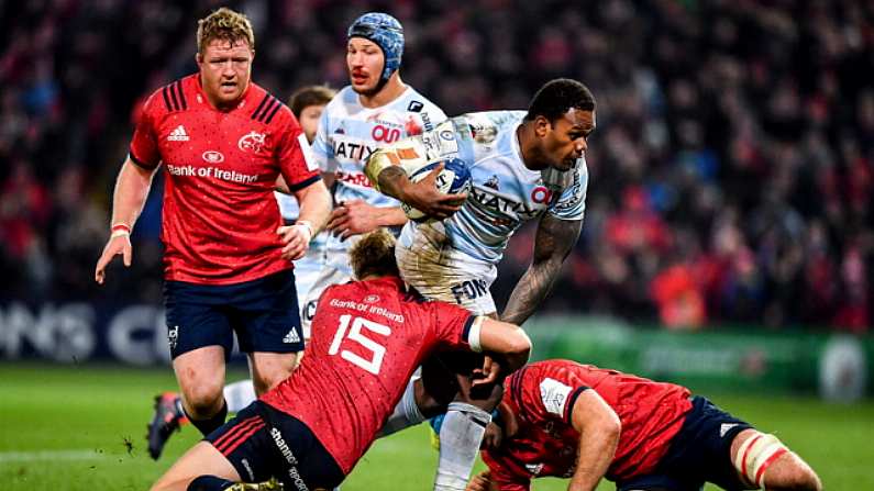 23 November 2019; Virimi Vakatawa of Racing 92 is tackled by Mike Haley of Munster during the Heineken Champions Cup Pool 4 Round 2 match between Munster and Racing 92 at Thomond Park in Limerick. Photo by Brendan Moran/Sportsfile