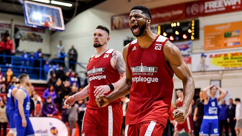 11 January 2020; Darren Townes of Griffith College Templeogue celebrates at the final buzzer of the Hula Hoops Men's Pat Duffy National Cup Semi-Final match between Griffith College Templeogue and Coughlan C&S Neptune at Neptune Stadium in Cork. Photo by Brendan Moran/Sportsfile