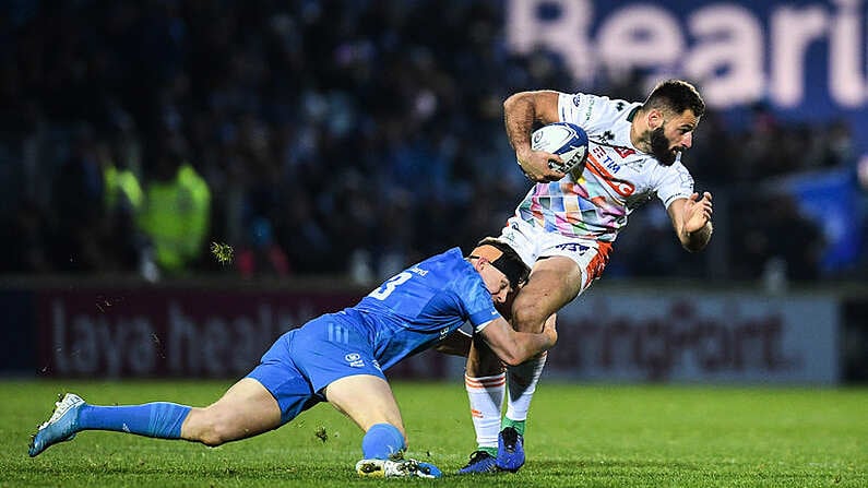 16 November 2019; Angelo Esposito of Benetton is tackled by Garry Ringrose of Leinster during the Heineken Champions Cup Pool 1 Round 1 match between Leinster and Benetton at the RDS Arena in Dublin. Photo by Ramsey Cardy/Sportsfile