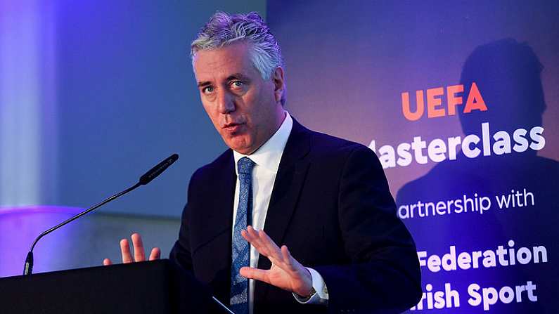 1 March 2019; John Delaney, FAI Chief Executive and UEFA ExCo Member, speaking during the UEFA Masterclass in partnership with the Federation of Irish Sport, at the Aviva Stadium in Dublin. Photo by Seb Daly/Sportsfile