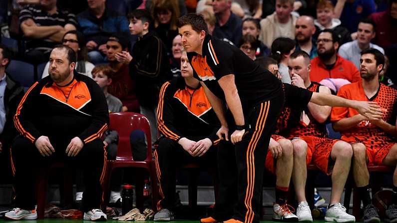 26 January 2019; Pyrobel Killester head coach Brian OMalley during the Hula Hoops Mens Pat Duffy National Cup Final match between Pyrobel Killester and UCD Marian at the National Basketball Arena in Tallaght, Dublin. Photo by Brendan Moran/Sportsfile