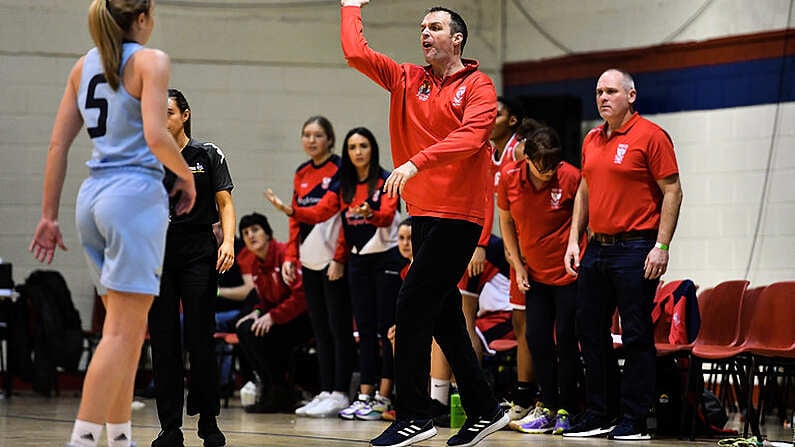 11 January 2020; Singleton Supervalu Brunell coach Tim OHalloran reacts to a referee's call during the Hula Hoops Women's Paudie O'Connor National Cup Semi-Final match between DCU Mercy and Singleton Supervalu Brunell at Neptune Stadium in Cork. Photo by Brendan Moran/Sportsfile