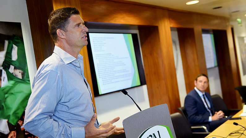 13 July 2019; Former Republic of Ireland international Niall Quinn speaking on the Future of the National League on day one of the National League Strategic Planning Weekend at FAI Headquarters in Abbotstown, Dublin. Photo by Ramsey Cardy/Sportsfile