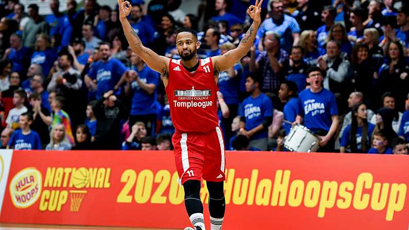 25 January 2020; Puff Summers of Griffith College Templeogue reacts after scoring a three pointer during the Hula Hoops Pat Duffy National Cup Final between DBS Eanna and Griffith College Templeogue at the National Basketball Arena in Tallaght, Dublin. Photo by Harry Murphy/Sportsfile