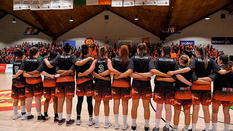 26 January 2020; The Pyrobel Killester team stand for the Amhran na bhFiann prior to the Hula Hoops Paudie OConnor National Cup Final between Singleton SuperValu Brunell and Pyrobel Killester at the National Basketball Arena in Tallaght, Dublin. Photo by Brendan Moran/Sportsfile