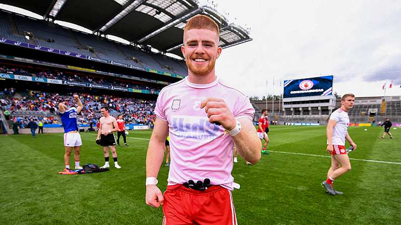 20 July 2019; Cathal McShane of Tyrone celebrates following the GAA Football All-Ireland Senior Championship Quarter-Final Group 2 Phase 2 match between Cork and Tyrone at Croke Park in Dublin. Photo by David Fitzgerald/Sportsfile