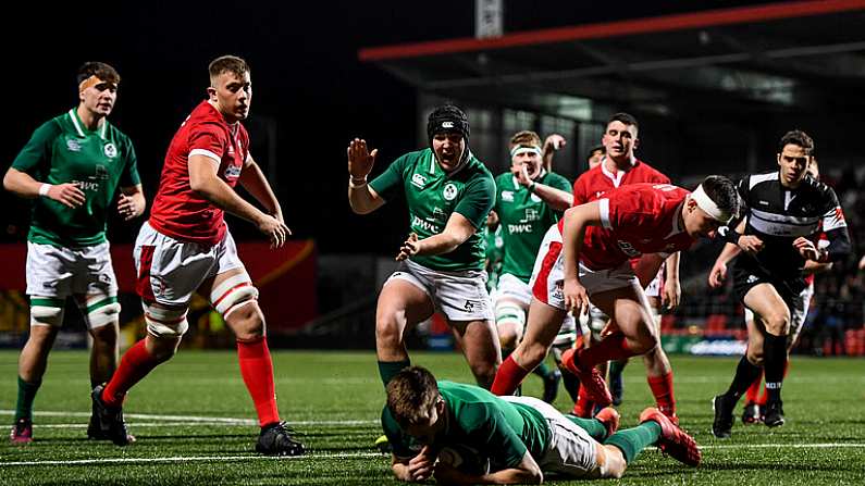 7 February 2020; Tom Stewart of Ireland, centre, celebrates as Mark Hernan of Ireland scores his side's first try during the U20 Six Nations Rugby Championship match between Ireland and Wales at Irish Independent Park in Cork. Photo by Harry Murphy/Sportsfile