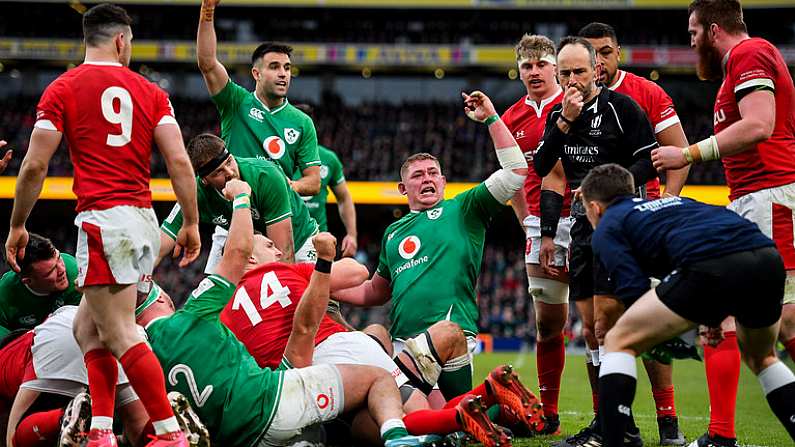 8 February 2020; Ireland players, including Tadhg Furlong and Conor Murray, celebrate their side's third try during the Guinness Six Nations Rugby Championship match between Ireland and Wales at Aviva Stadium in Dublin. Photo by Brendan Moran/Sportsfile