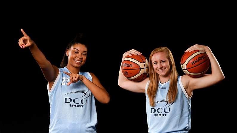 18 September 2019; Meredith Burkhall, left, and Ashely Russell of DCU Mercy pictured at the 2019/2020 Basketball Ireland Season Launch and Hula Hoops National Cup draw at the National Basketball Arena in Tallaght, Dublin. Photo by David Fitzgerald/Sportsfile