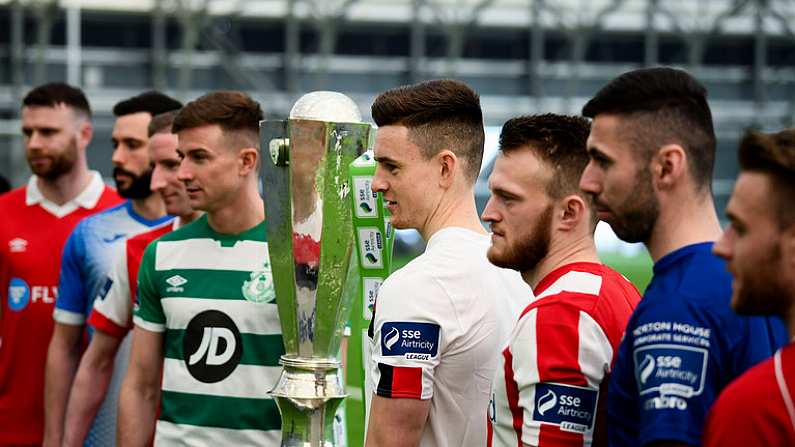 5 February 2020; SSE Airtricty League Premier Division players, from left, Ciaran Kilduff of Shelbourne, Dave Webster of Finn Harps, Ian Bermingham of St Patrick's Athletic, Ronan Finn of Shamrock Rovers, Darragh Leahy of Dundalk, David Cawley of Sligo Rovers, Robbie McCourt of Waterford and Conor Clifford of Derry City during the launch of the 2020 SSE Airtricity League season at the Sport Ireland National Indoor Arena in Dublin. Photo by Stephen McCarthy/Sportsfile