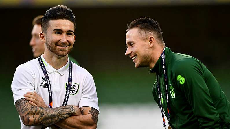 16 October 2018; Sean Maguire, left, and Alan Browne of Republic of Ireland prior to the UEFA Nations League B group four match between Republic of Ireland and Wales at the Aviva Stadium in Dublin. Photo by Seb Daly/Sportsfile