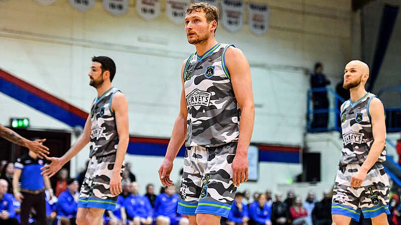 11 January 2020; Dejected Garveys Tralee Warriors players, from left, Eoin Quigley, Daniel Jokubaitis and Paul Dick during the Hula Hoops Men's Pat Duffy National Cup Semi-Final match between DBS Eanna and Garvey's Tralee Warriors at Neptune Stadium in Cork. Photo by Brendan Moran/Sportsfile