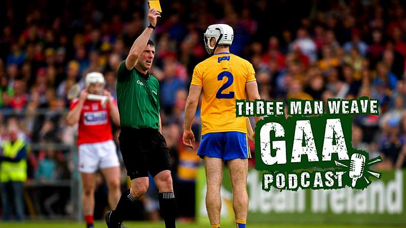 16 June 2019; Referee Paud O'Dwyer shows a yellow card to Patrick O'Connor of Clare  during the Munster GAA Hurling Senior Championship Round 5 match between Clare and Cork at Cusack Park in Ennis, Clare. Photo by Eoin Noonan/Sportsfile