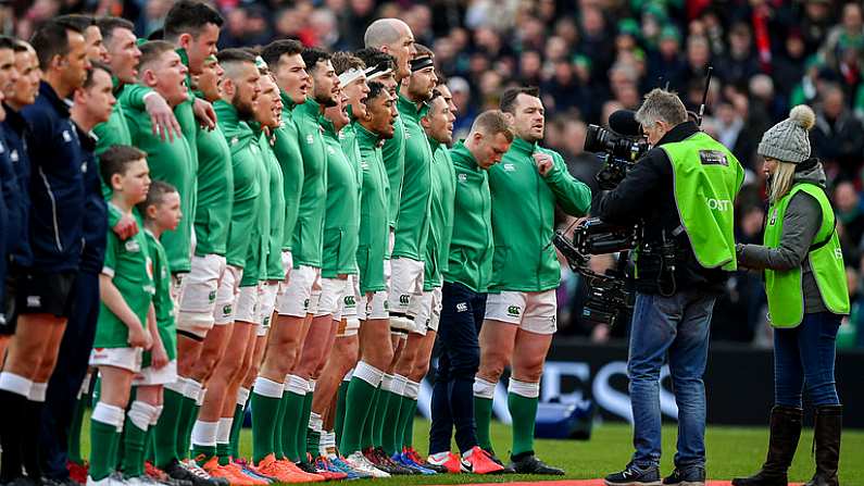 8 February 2020; TV steadicam films the Ireland team during the National Anthem prior to the Guinness Six Nations Rugby Championship match between Ireland and Wales at Aviva Stadium in Dublin. Photo by Brendan Moran/Sportsfile