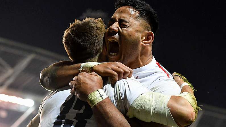 2 February 2019; Manu Tuilagi of England celebrates with team-mate Henry Slade after he scored their side's third try during the Guinness Six Nations Rugby Championship match between Ireland and England in the Aviva Stadium in Dublin. Photo by Brendan Moran/Sportsfile