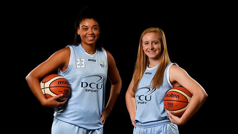 18 September 2019; Meredith Burkhall, left, and Ashely Russell of DCU Mercy pictured at the 2019/2020 Basketball Ireland Season Launch and Hula Hoops National Cup draw at the National Basketball Arena in Tallaght, Dublin. Photo by David Fitzgerald/Sportsfile